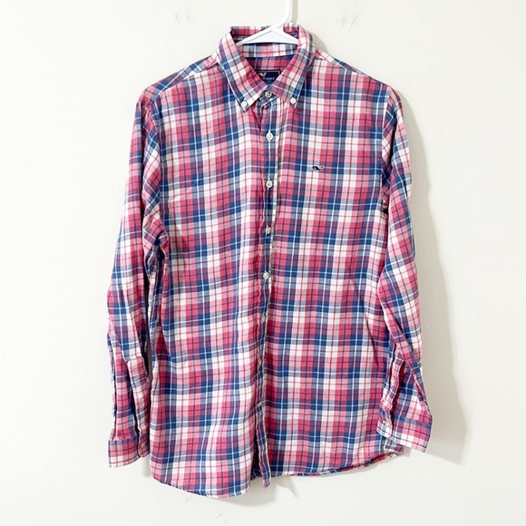 Vineyard Vines Boy’s Linen Blend Red White Blue Plaid Button Down Whale Shirt XL - Picture 1 of 11